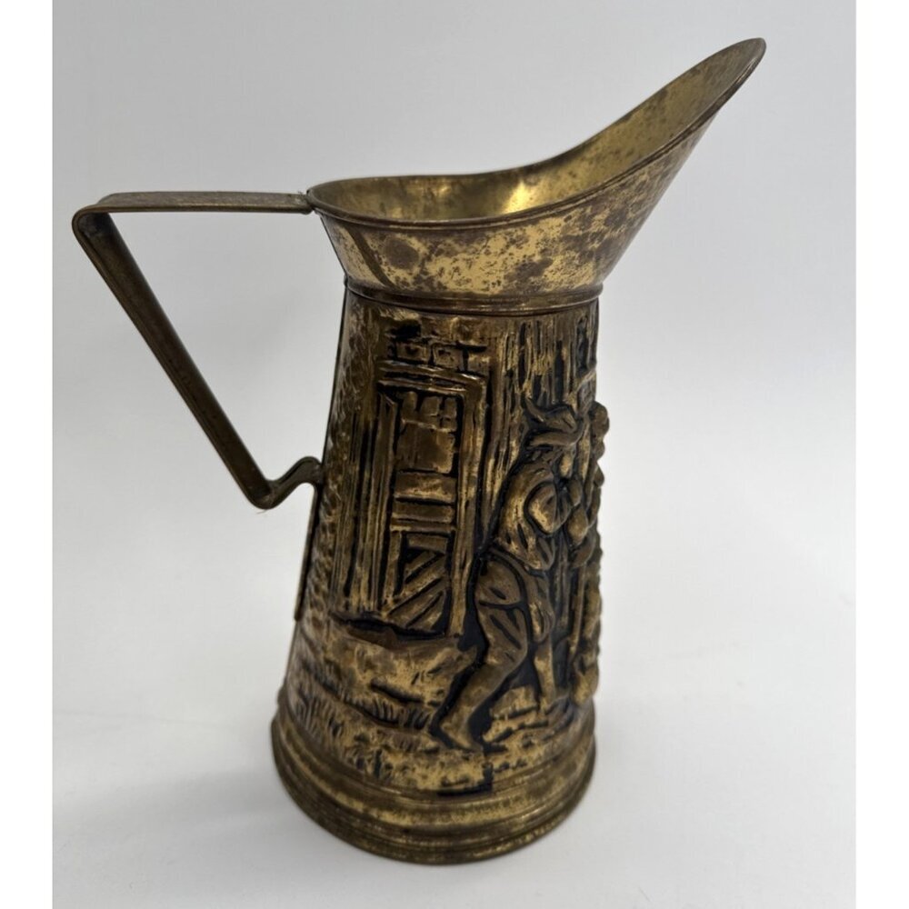 Vintage Brass Embossed Pub Scene Pitcher Jug Art Deco England 10" Patina MCM